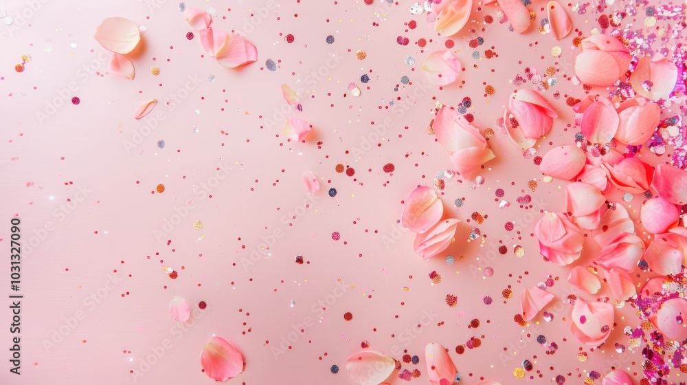 Delicate Pink Rose Petals and Shimmering Confetti Scattered on a Soft Pink Background - A Romantic and Festive Design. Delicate Pink Rose Petals and Shimmering Confetti Scattered on a Soft Pink Background - A Romantic and Festive Design.