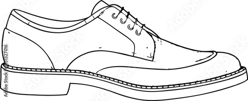 Classic men's shoes in continuous line art drawing style. Dress shoes minimalist black linear sketch isolated on white background background.