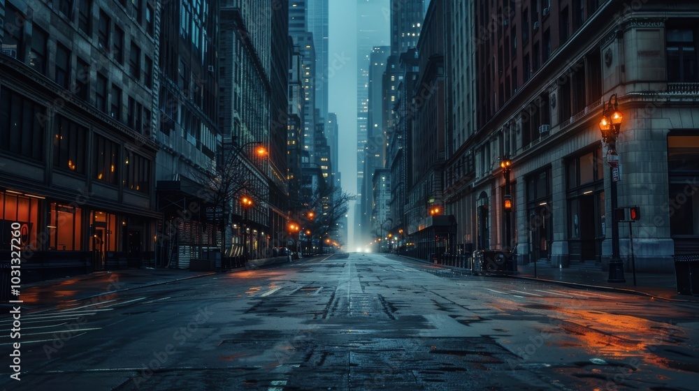A city street at night with a few lights on. The street is empty and the buildings are tall