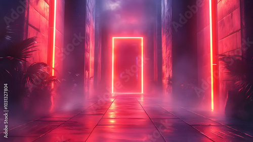 A futuristic corridor with a glowing door and misty atmosphere.