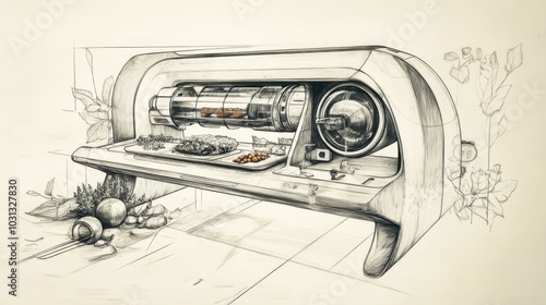 A pencil drawing of a futuristic food printer showcasing eco-friendly design and sustainable materials in a contemporary kitchen setting photo