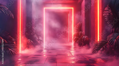 A neon-lit corridor with fo...
