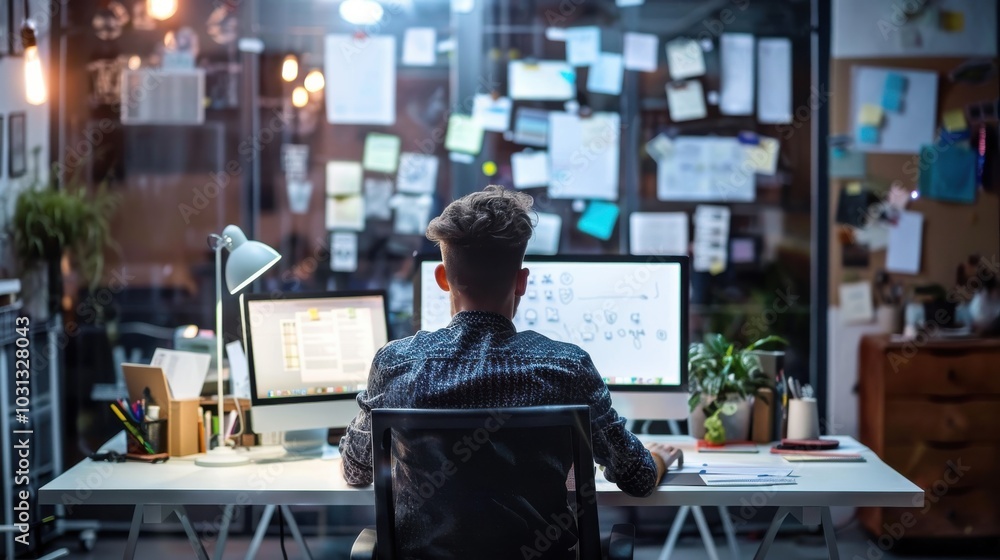 Office worker focused on design tasks at a modern startup in the evening with bright screens and a creative atmosphere Office worker focused on design tasks at a modern startup in the evening with bright screens and a creative atmosphere