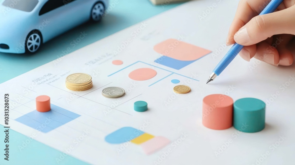 Miniature cars, houses and families on a table with white paper and coins nearby. Conceptual scene for personal financial management and long-term investment to buy them Miniature cars, houses and families on a table with white paper and coins nearby. Conceptual scene for personal financial management and long-term investment to buy them