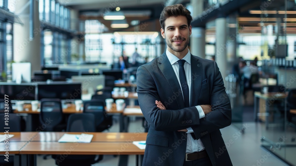 Confident office worker stands in a bustling corporate workspace during a busy weekday, showcasing professionalism and focus Confident office worker stands in a bustling corporate workspace during a busy weekday, showcasing professionalism and focus