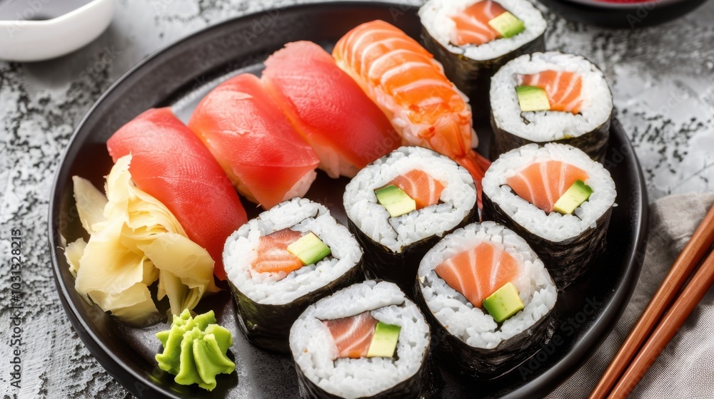 Fresh Sushi Platter on Black Plate Fresh Sushi Platter on Black Plate