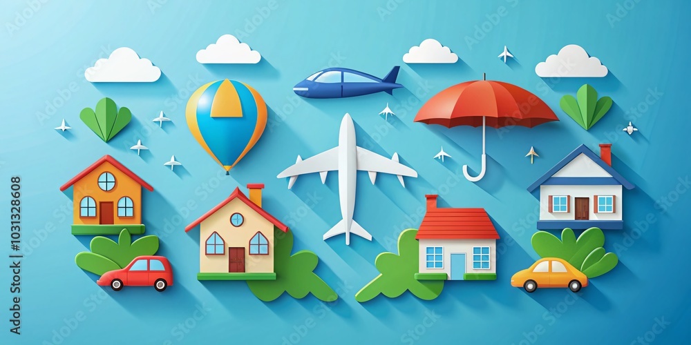 Fototapeta premium Comprehensive Set of Insurance Icons for Health, Life, Car, Home, and Travel - Aerial Vector Illustration