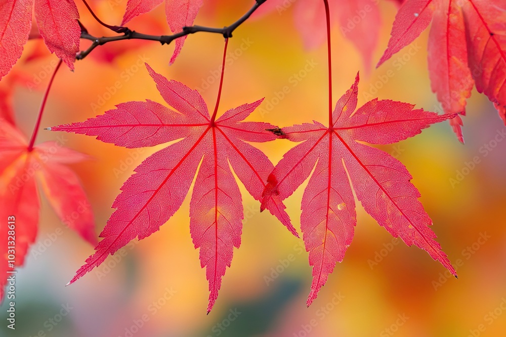 Close-up of Two Crimson Maple Leaves Against a Blurry Autumn Background Close-up of Two Crimson Maple Leaves Against a Blurry Autumn Background