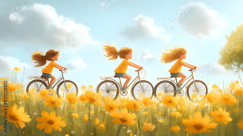 Three girls riding bicycles...