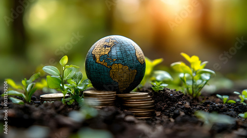 A globe rests on coins surr...