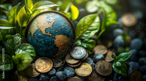 Globe surrounded by coins a...