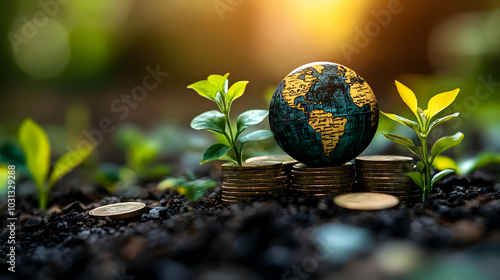 Globe on coins with plants,...