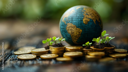 A globe surrounded by coins...