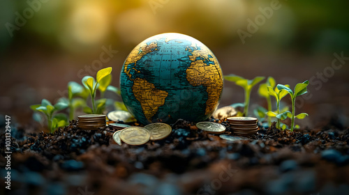 A globe surrounded by coins...