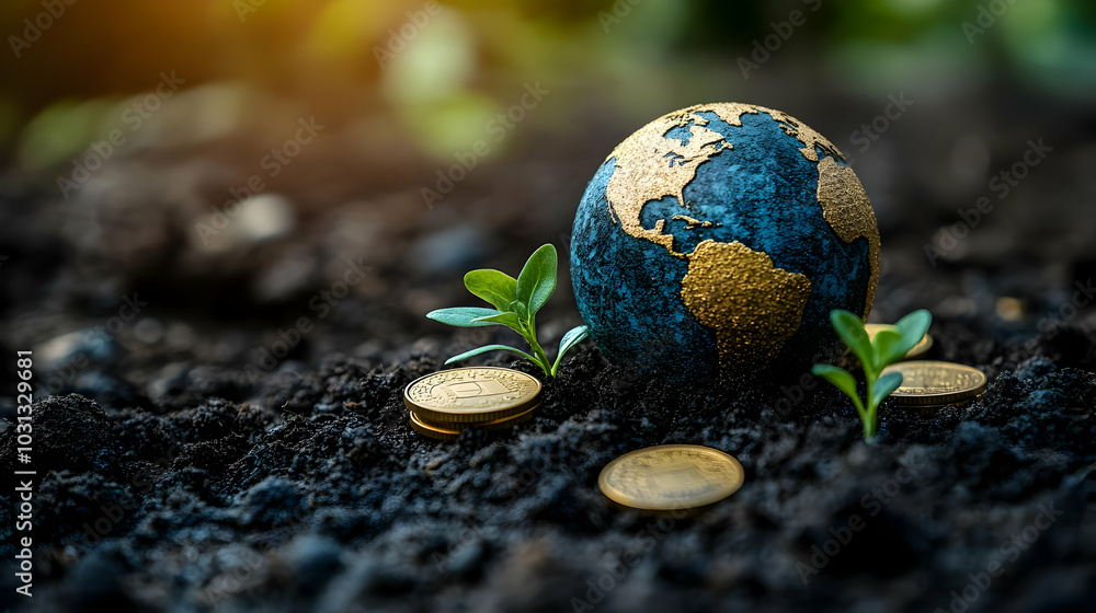 A globe surrounded by coins and plants symbolizes sustainable growth. A globe surrounded by coins and plants symbolizes sustainable growth.