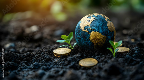 A globe surrounded by coins...