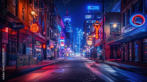 A city street at night with neon signs and a tall building in the background. The street is empty and the neon lights create a vibrant atmosphere