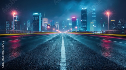 Fototapeta Naklejka Na Ścianę i Meble -  A city street at night with a bright neon sign in the background. The street is empty and the lights from the sign are reflected in the wet pavement