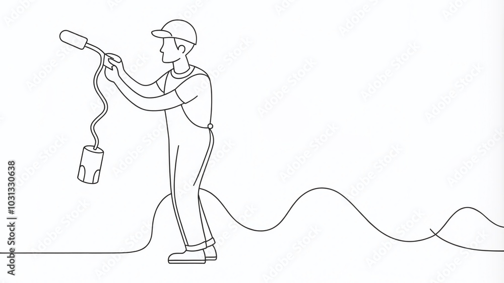 Continuous One Line Drawing of Handyman Painting Wall - Home Renovation Service Concept Continuous One Line Drawing of Handyman Painting Wall - Home Renovation Service Concept