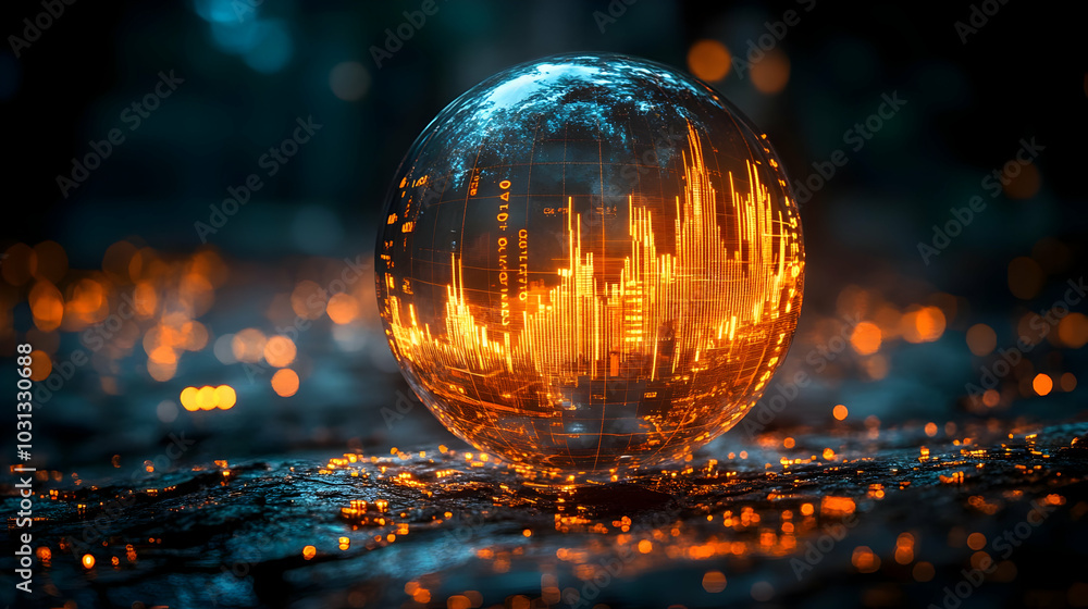 A glowing orb with data visualization in a dark, mystical setting. A glowing orb with data visualization in a dark, mystical setting.