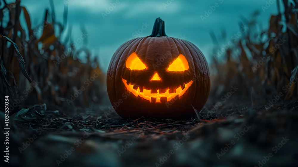 A glowing jack-o'-lantern in a cornfield at dusk. A glowing jack-o'-lantern in a cornfield at dusk.