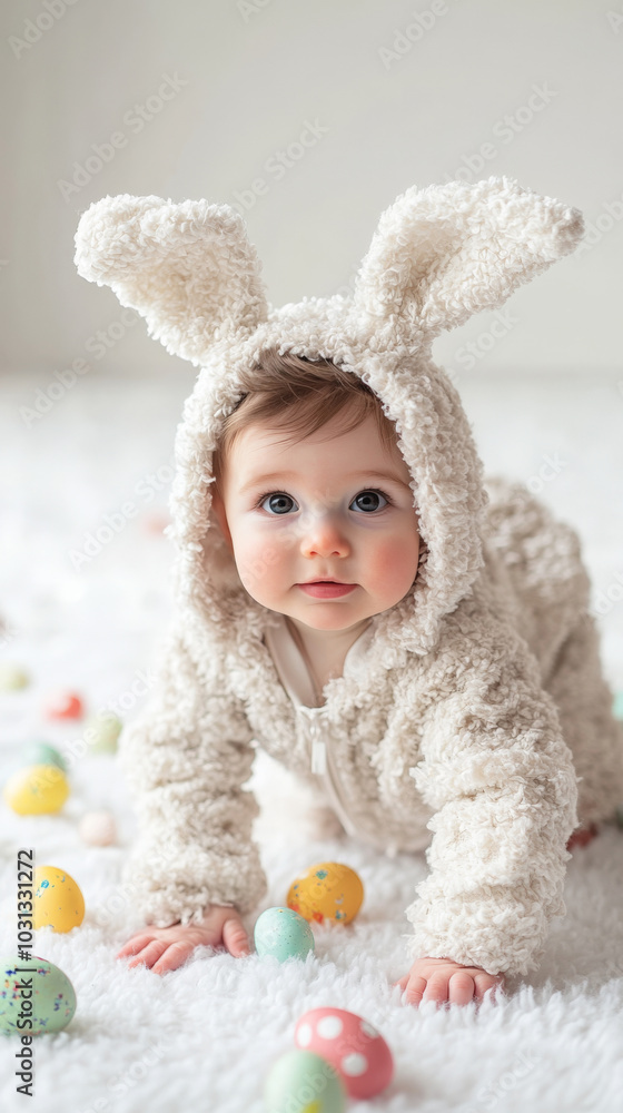Adorable baby in bunny costume crawling among easter eggs in playful studio setting Adorable baby in bunny costume crawling among easter eggs in playful studio setting