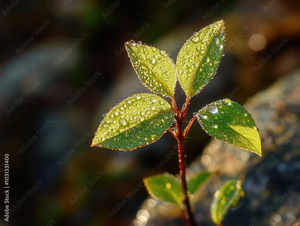 young plant thriving in sunlight, with a single dewdrop glistening on its leaf, symbolizing growth, resilience, and the beauty of nature's cycles young plant thriving in sunlight, with a single dewdrop glistening on its leaf, symbolizing growth, resilience, and the beauty of nature's cycles