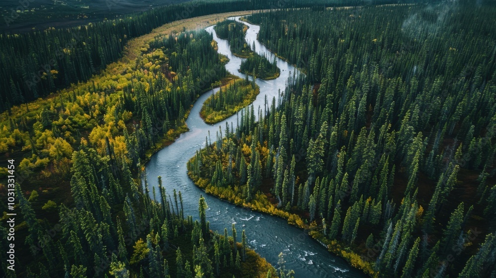 Naklejka premium A river with trees on both sides. The trees are green and the water is blue. The image has a peaceful and serene mood