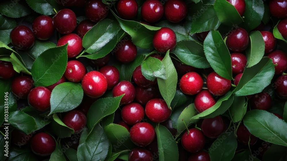 Obraz premium A close up of red cherries with green leaves
