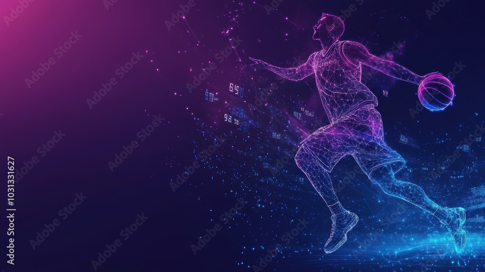 Fototapeta premium A vibrant stylized silhouette of a basketball player in motion, showcasing dynamic energy and modern design. Perfect for sports-themed projects or promotions.
