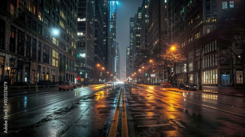 A city street at night with cars and a few pedestrians. The street is wet and the lights from the buildings and cars reflect on the wet pavement