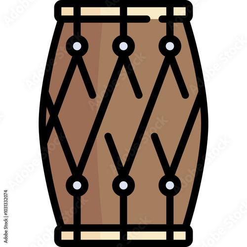 A brown, cylindrical drum with black and white details and a diagonal pattern on its surface.