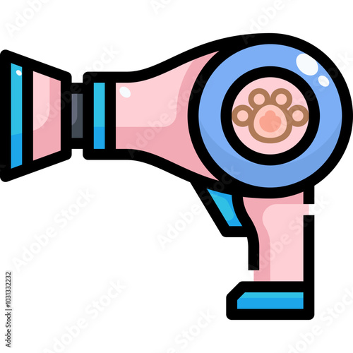 Cartoon style illustration of a pink hairdryer with a paw print.