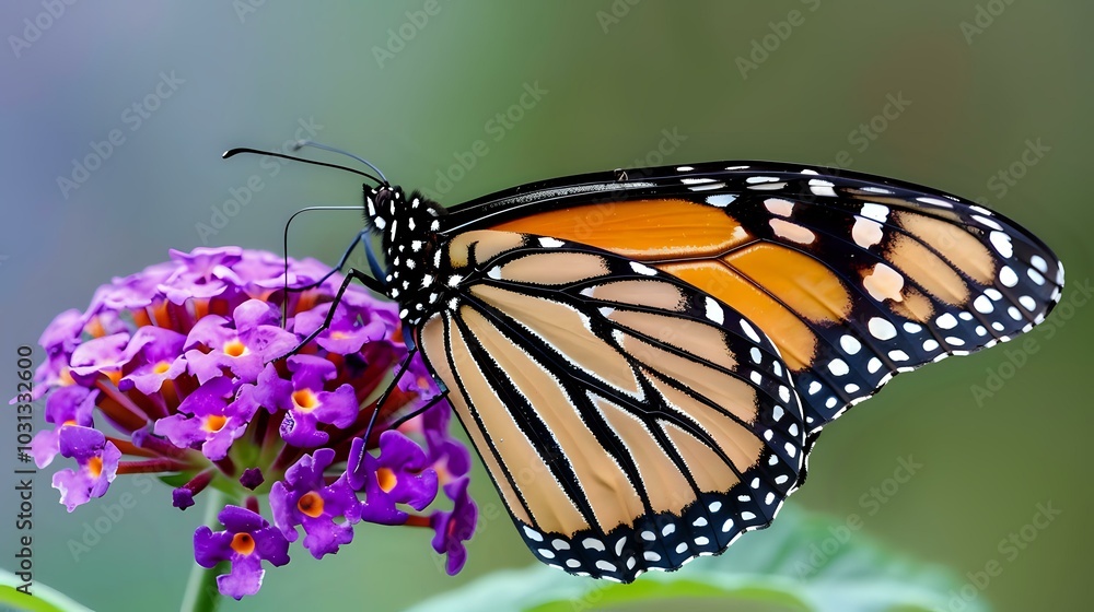 A close-up of a Monarch butterfly perched on a vibrant purple flower. A close-up of a Monarch butterfly perched on a vibrant purple flower.