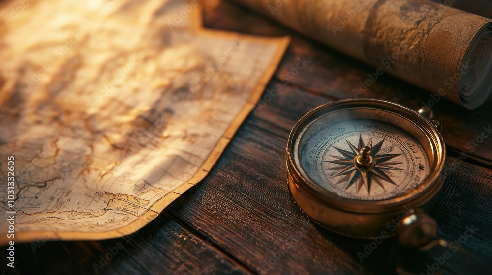A close-up of a weathered compass on an antique wooden table beside a rolled-up map in warm lighting A close-up of a weathered compass on an antique wooden table beside a rolled-up map in warm lighting