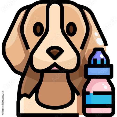 Cartoon illustration of a cute beagle dog with a bottle of eye drops.
