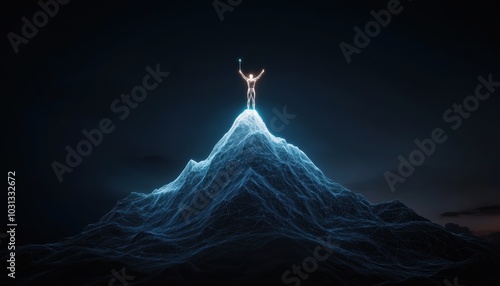 A striking illuminated hologram of a man standing triumphantly atop a mountain peak, representing achievement and innovation in a digital landscape. photo