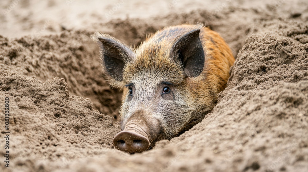 Curious Piglet Nestled in Soft Sand Curious Piglet Nestled in Soft Sand