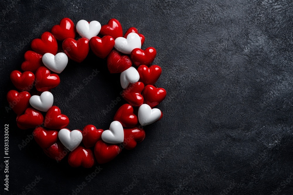 Cluster of red and white hearts forming a wreath, perfect for framing text Cluster of red and white hearts forming a wreath, perfect for framing text