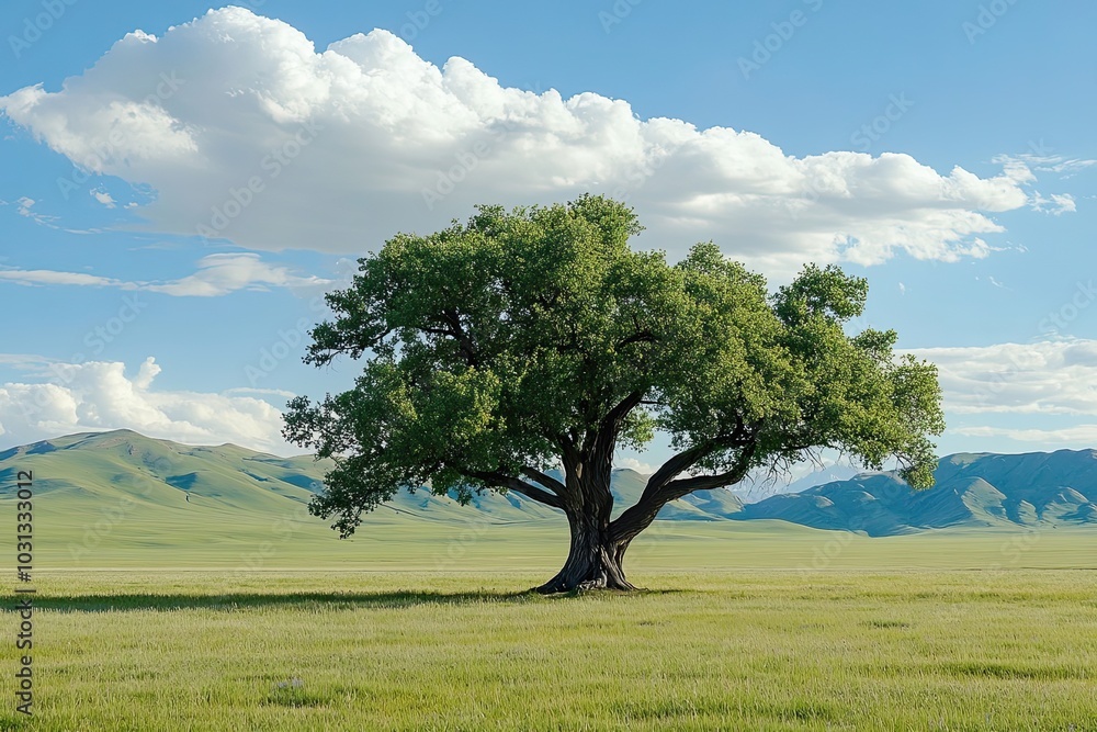 Solitary Tree in a Lush Green Meadow Under a Cloudy Sky