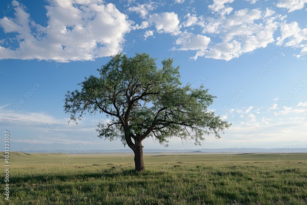 A Single Tree in a Vast, Grassy Field with a Blue Sky and White Clouds A Single Tree in a Vast, Grassy Field with a Blue Sky and White Clouds