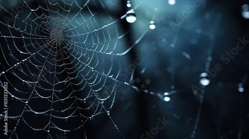 A delicate spiderweb glistens with dew, capturing the ethereal beauty of nature's intricate design under soft, moody lighting.