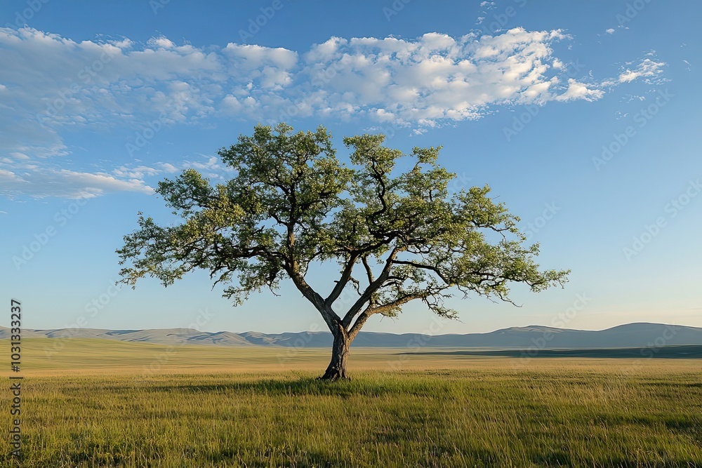 A lone tree stands tall in a vast grassy plain against a backdrop of rolling hills and a blue sky with fluffy clouds.