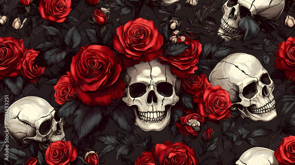 A pattern of skulls intertwined with red roses on a dark background. A pattern of skulls intertwined with red roses on a dark background.