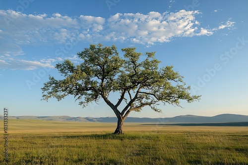 A lone tree stands tall in a vast grassy plain against a backdrop of rolling hills and a blue sky with fluffy clouds.