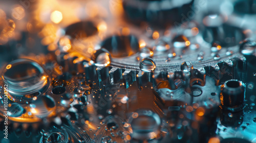 Intricate Macro Shot of Gears and Water Droplets Showcasing Industrial Precision and Engineering Beauty