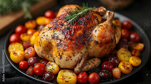 A roasted chicken garnished...