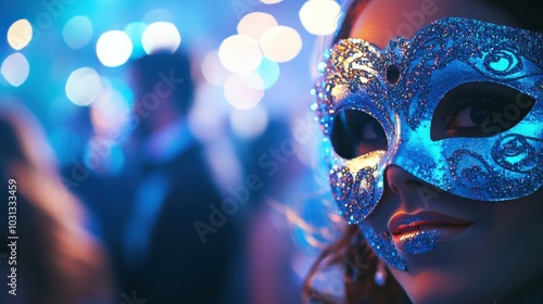 A woman wearing a blue mask stands in front of a blurry background