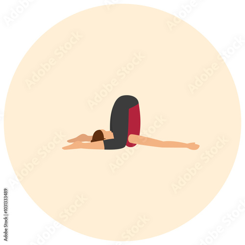 A person is in a yoga position with their head tucked down and arms stretched out.