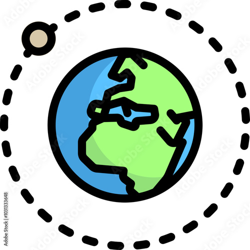 A simple cartoon illustration of the Earth with a smaller body orbiting it, represented by a dashed line.